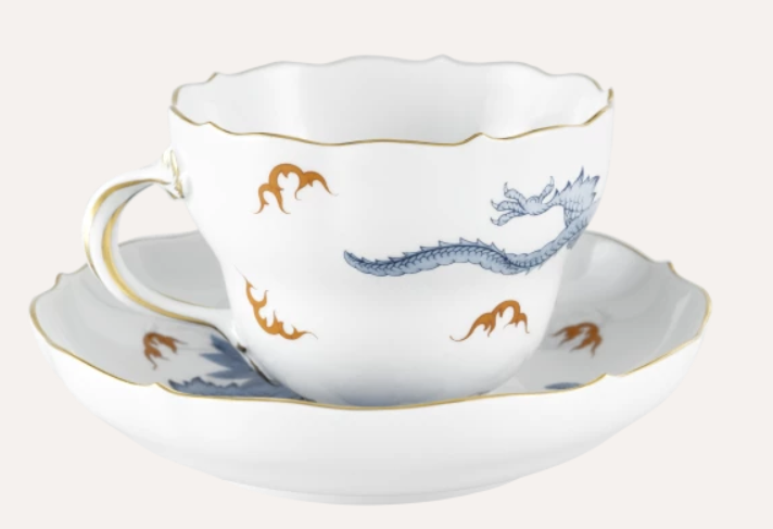 Meissen Cappuccino Cup & Saucer, Shape "New Cutout", Mint Dragon, blue (Germany)