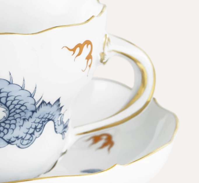 Meissen Cappuccino Cup & Saucer, Shape "New Cutout", Mint Dragon, blue (Germany)