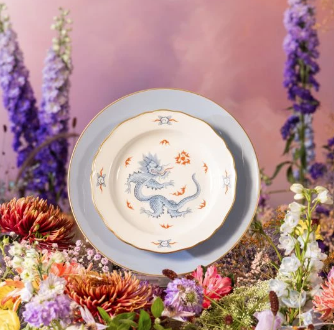 Meissen Cappuccino Cup & Saucer, Shape "New Cutout", Mint Dragon, blue (Germany)