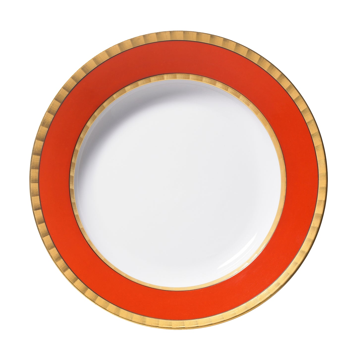 Nymphenburg "Lotos Collection" Dinner Plate Coral Red Ground, Gold Bands (Germany)