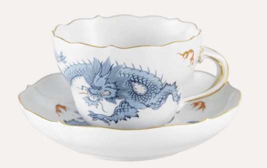 Meissen Cappuccino Cup & Saucer, Shape "New Cutout", Mint Dragon, blue (Germany)