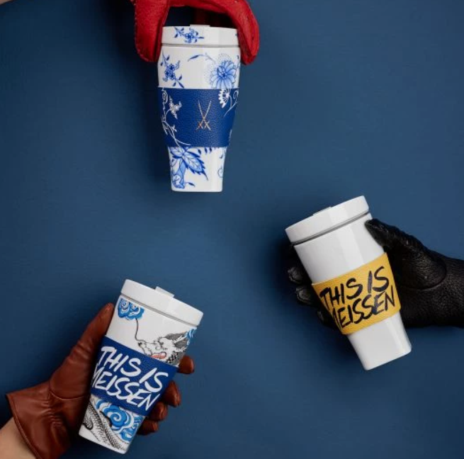 Meissen Cuff for coffee to go mug, blue, trademark, gold